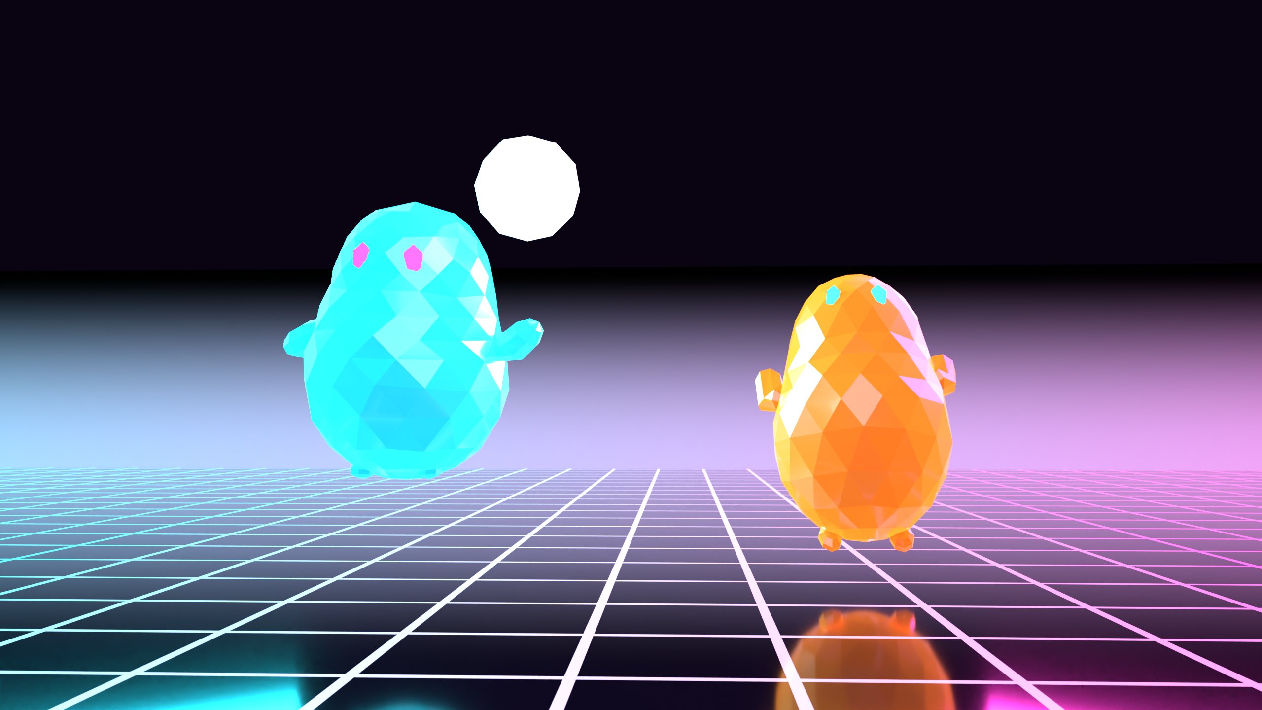 Two neon blobs in the Temple Court arena: the cyan blob swings at the glowing ball, the orange one jumps to block.